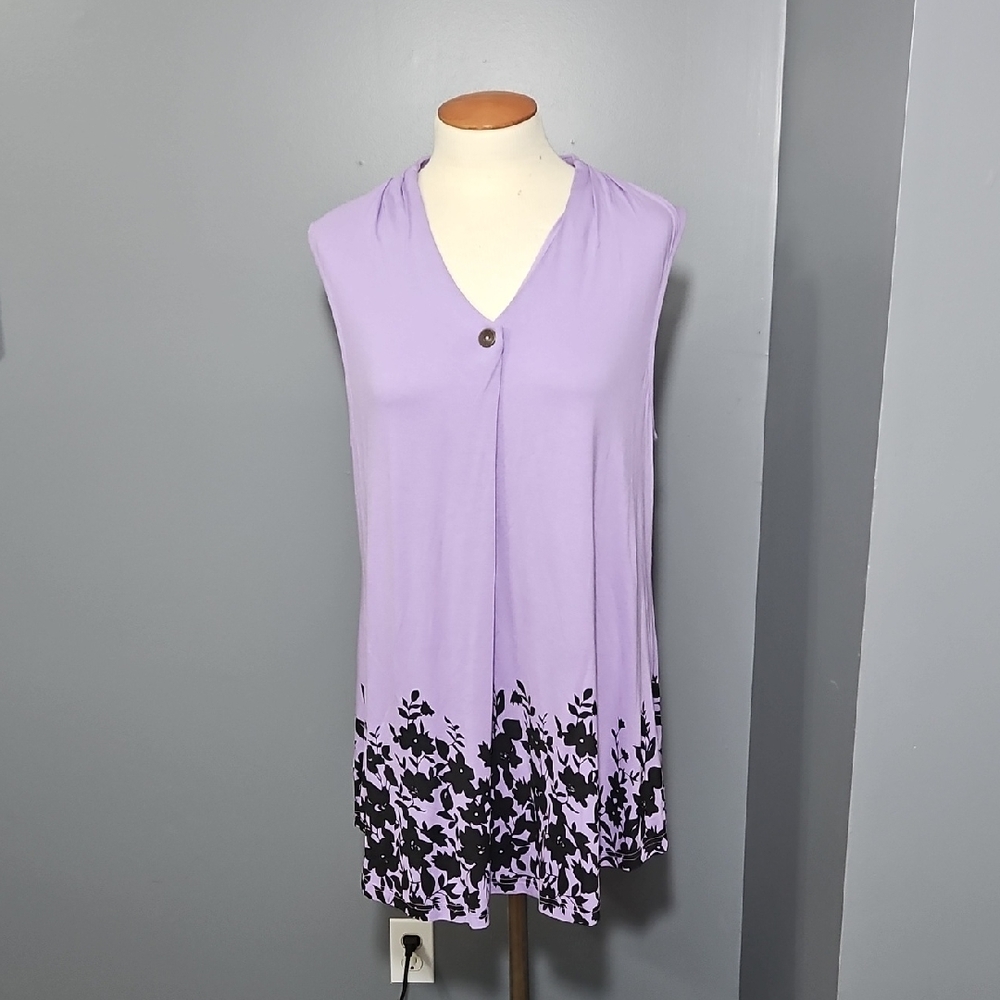 Lotusmile, XXL, Purple & Black, Floral, Sleeveless, V-neck, Blouse